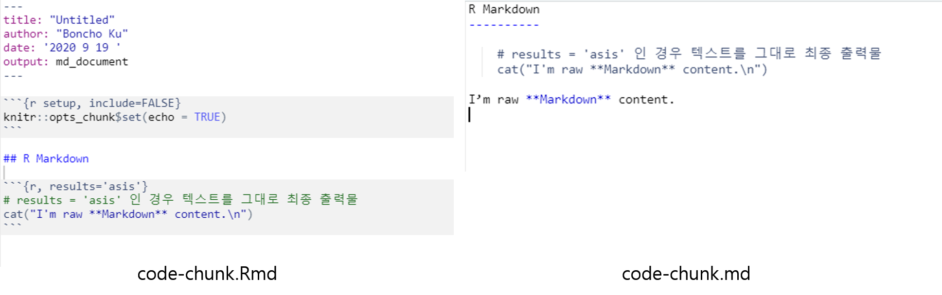 청크 옵션 results = 'asis'인 경우 rmd vs. md 파일 비교