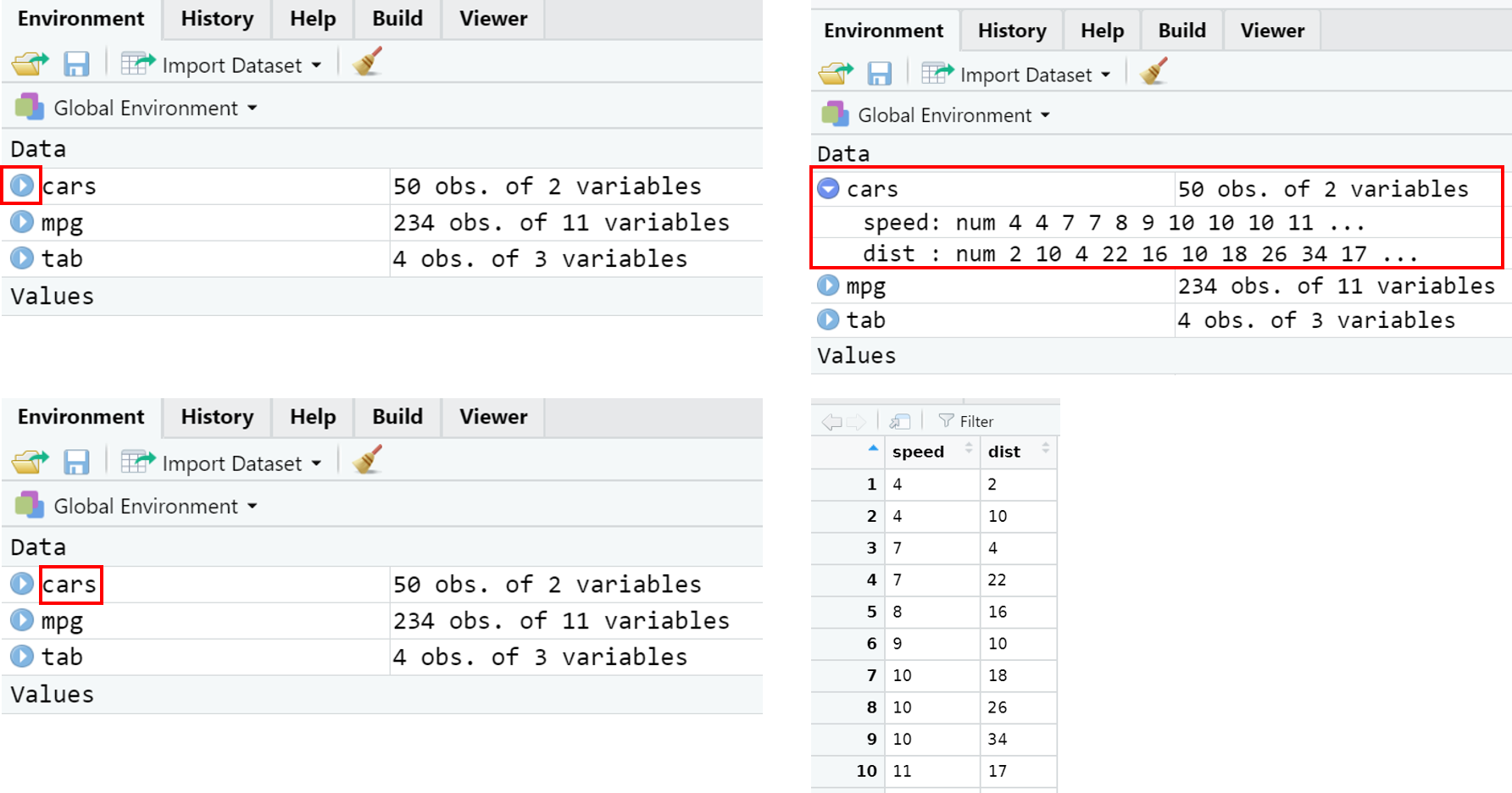 RStudio Environment 창 객체 상세 정보 및 스프레드 시트 출력 결과